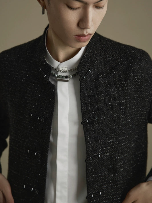 OWNLIFE wool tweed Tang black stand-up collar buckle jacket - DREW.