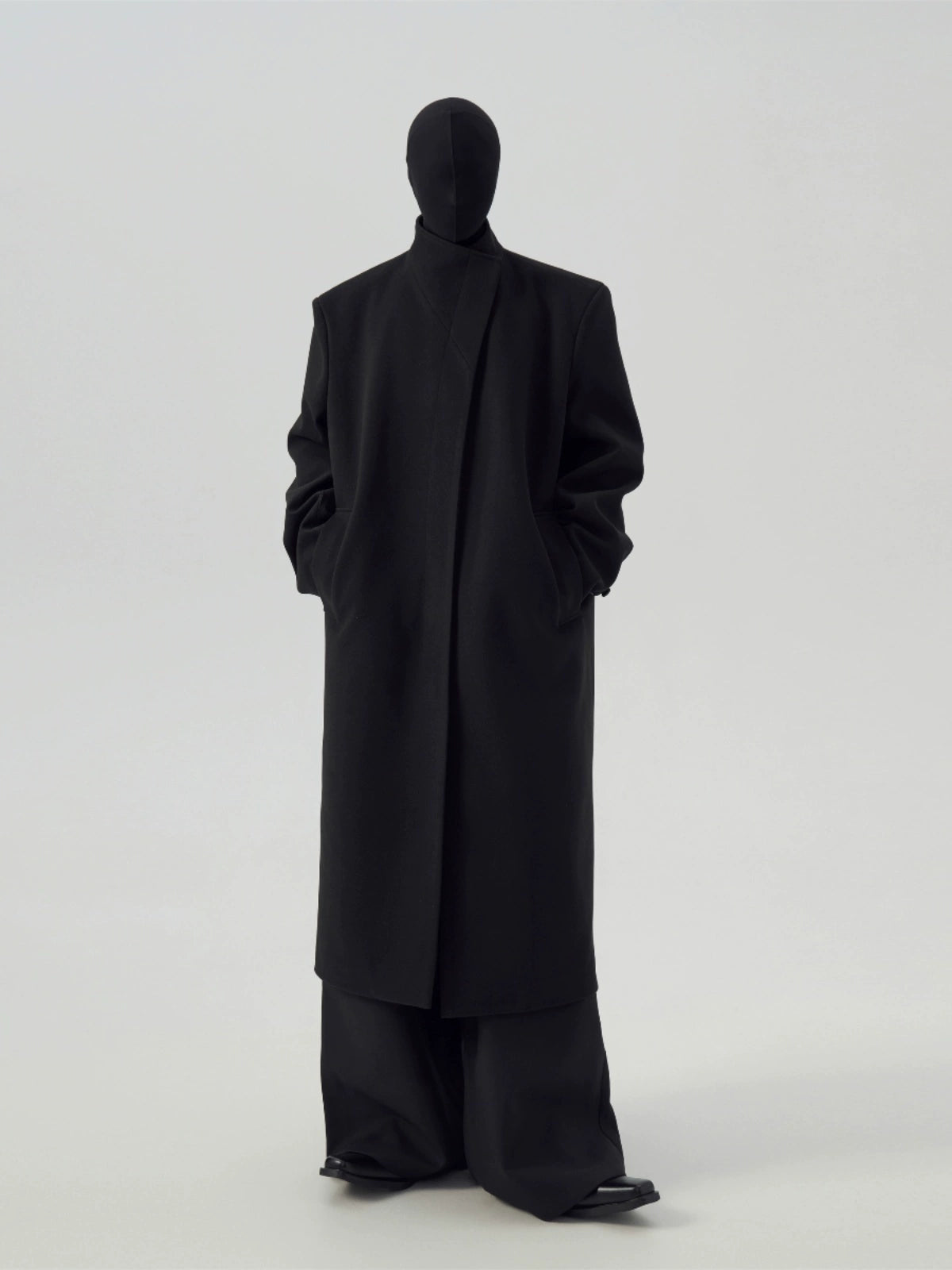 FRKM SCD Stand Collar Black Tweed Padded Shoulder Trench Coat - WARNER.