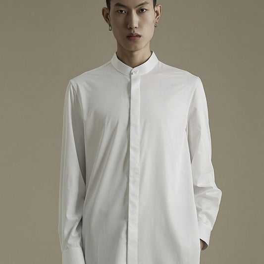 OWNLIFE Fiber Natural Jade Buckle Stand Collar Men's Shirt - MARK.