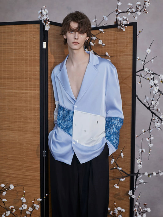 JIECHI blue stitching satin long-sleeved shirt - JEAN.