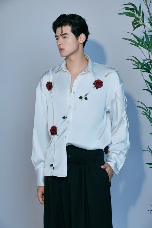 JIECHI casual acetate white loose long-sleeved shirt - JUAN.