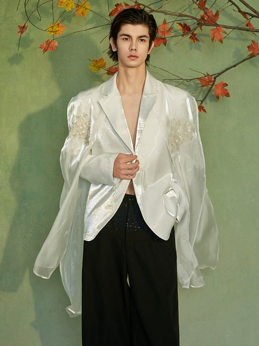 JIECHI white loose casual cape embroidered blazer - BRANDON.