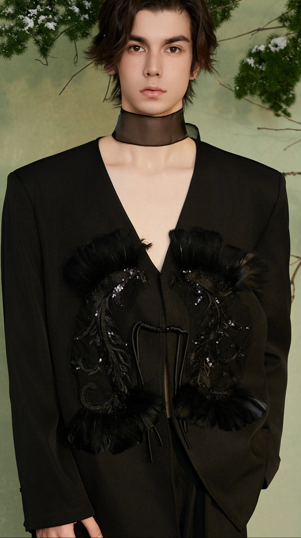 JIECHI appliqué loose collarless buckle coat - GAVIN.