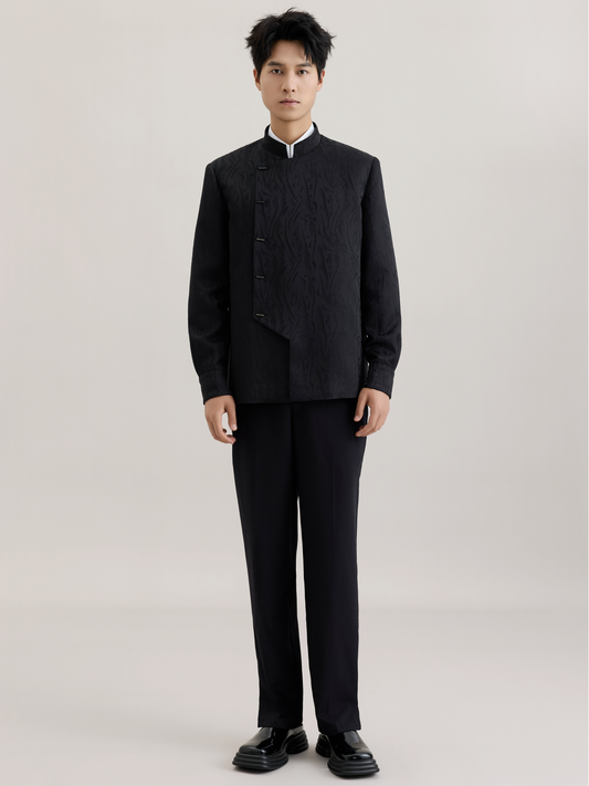 OWNLIFE stand-up collar willow leaf jacquard jacket suit set - DIDI.