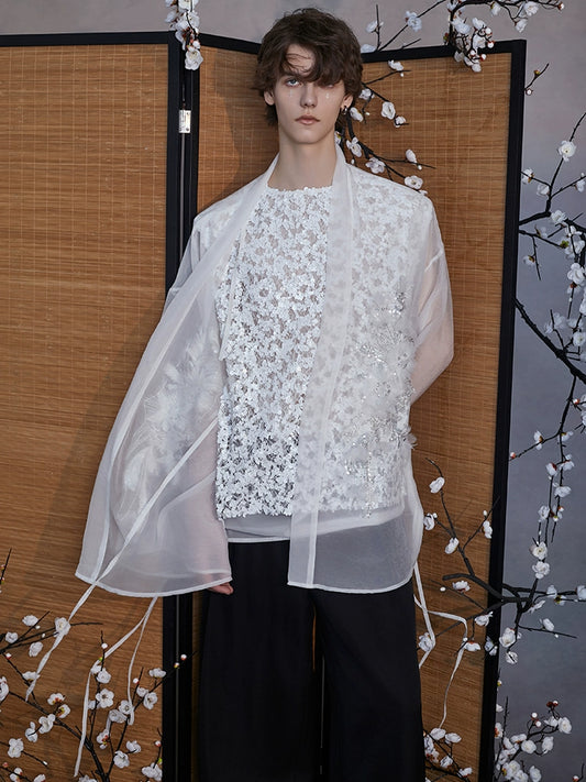 JIECHI white loose sheer embroidered kimono top - SEAN.