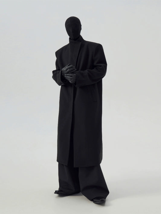 FRKM SCD Stand Collar Black Tweed Padded Shoulder Trench Coat - WARNER.