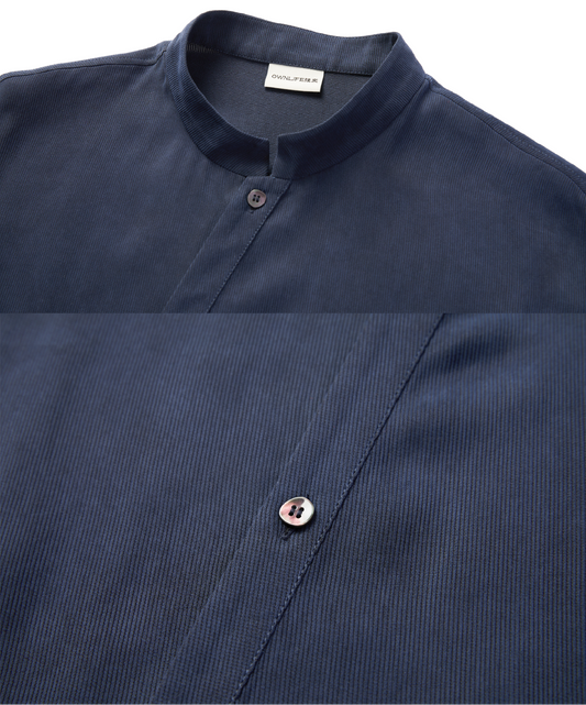 OWNLIFE navy blue stand-up collar pinstripe cotton shirt - MIKEY.