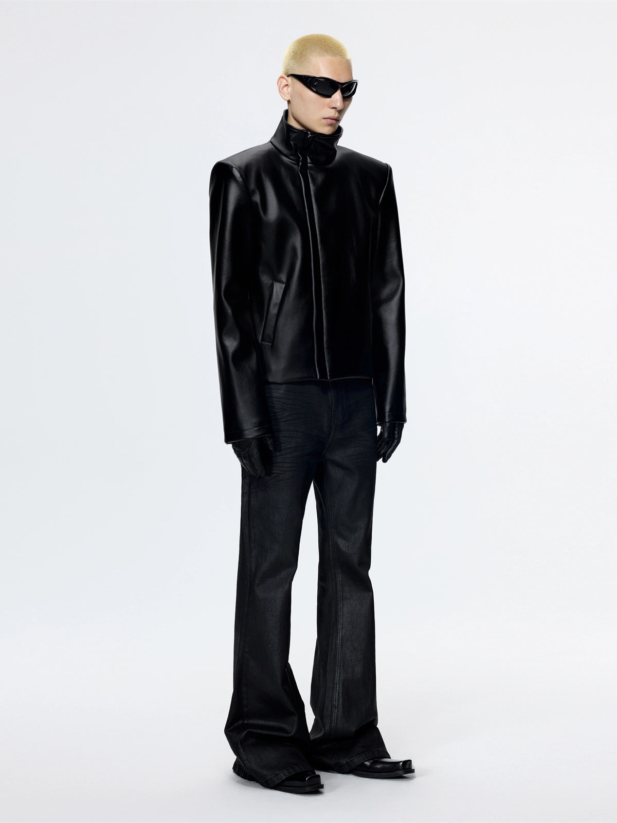 FRKM SCD Stiff Stand Up Collar Cropped Motorcycle Leather Jacket - REGAN.