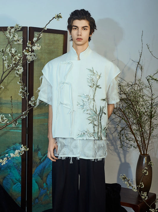 JIECHI short-sleeved men's orchid embroidery stand-up collar top - JAYLOR.