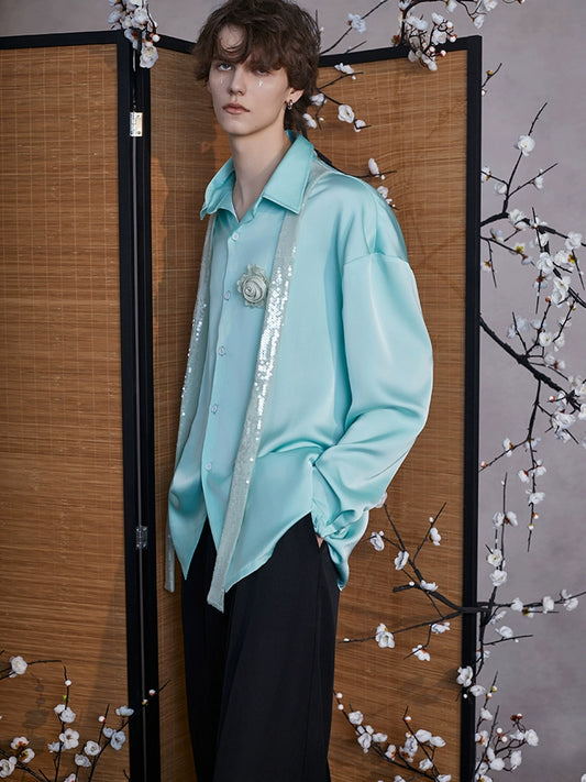 JIECHI blue high-end loose long-sleeved satin unisex shirt - KELAN.