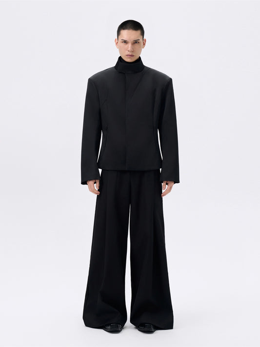 FRKM SCD Cinched Waist Stand Collar Wide Shoulder Black Jacket - GREG.