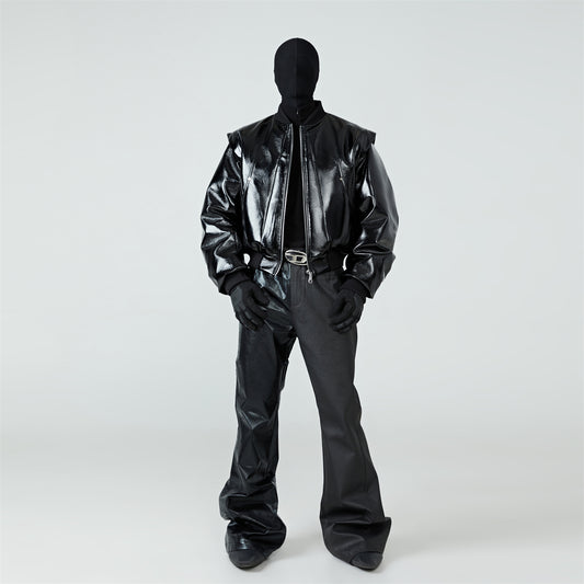 FRKM SCD shiny PU leather black padded baseball uniform Jacket - KIERNAN.
