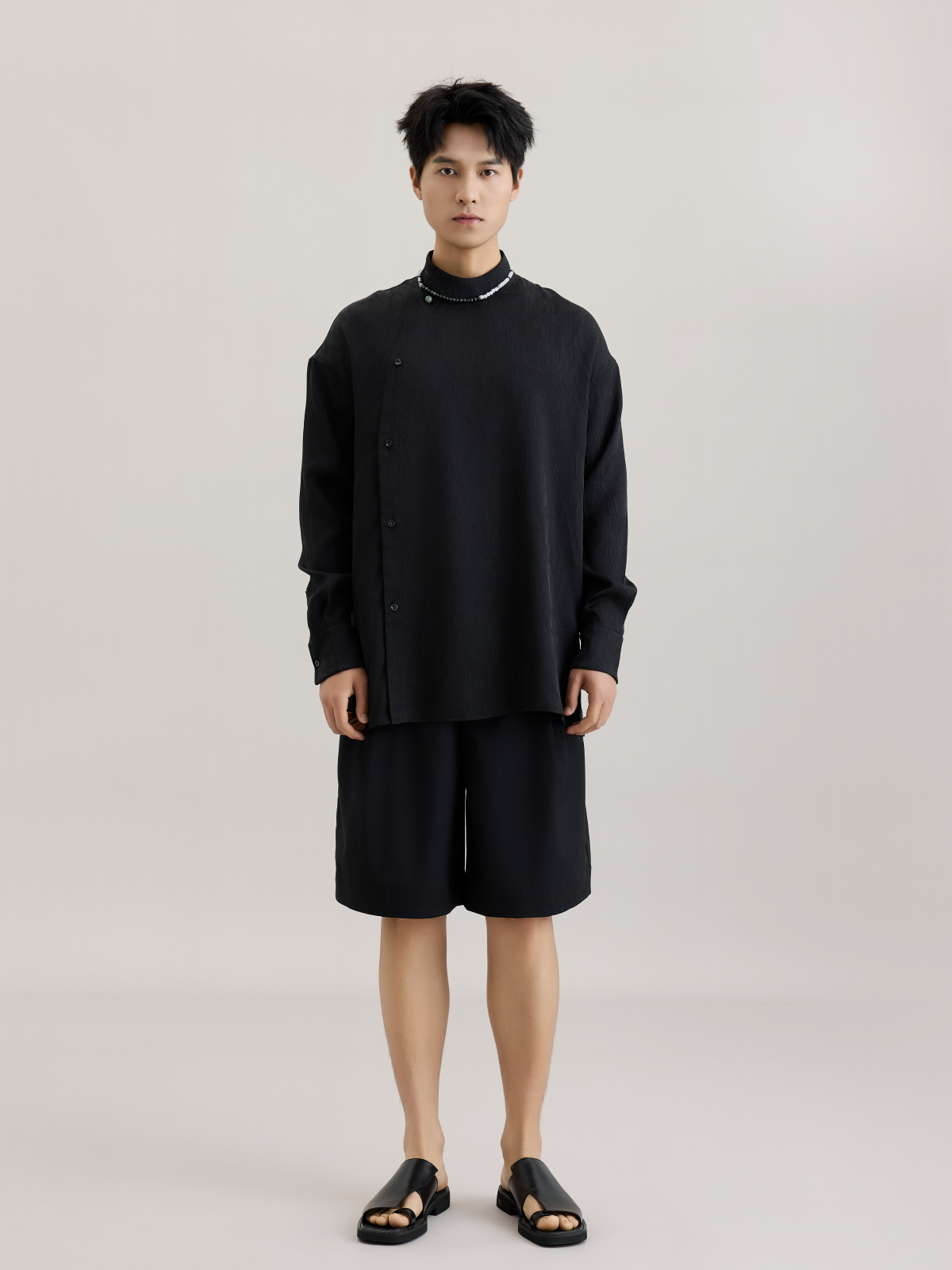 OWNLIFE bamboo hair jade placket slant lapel jacquard shirt - FINLEY.