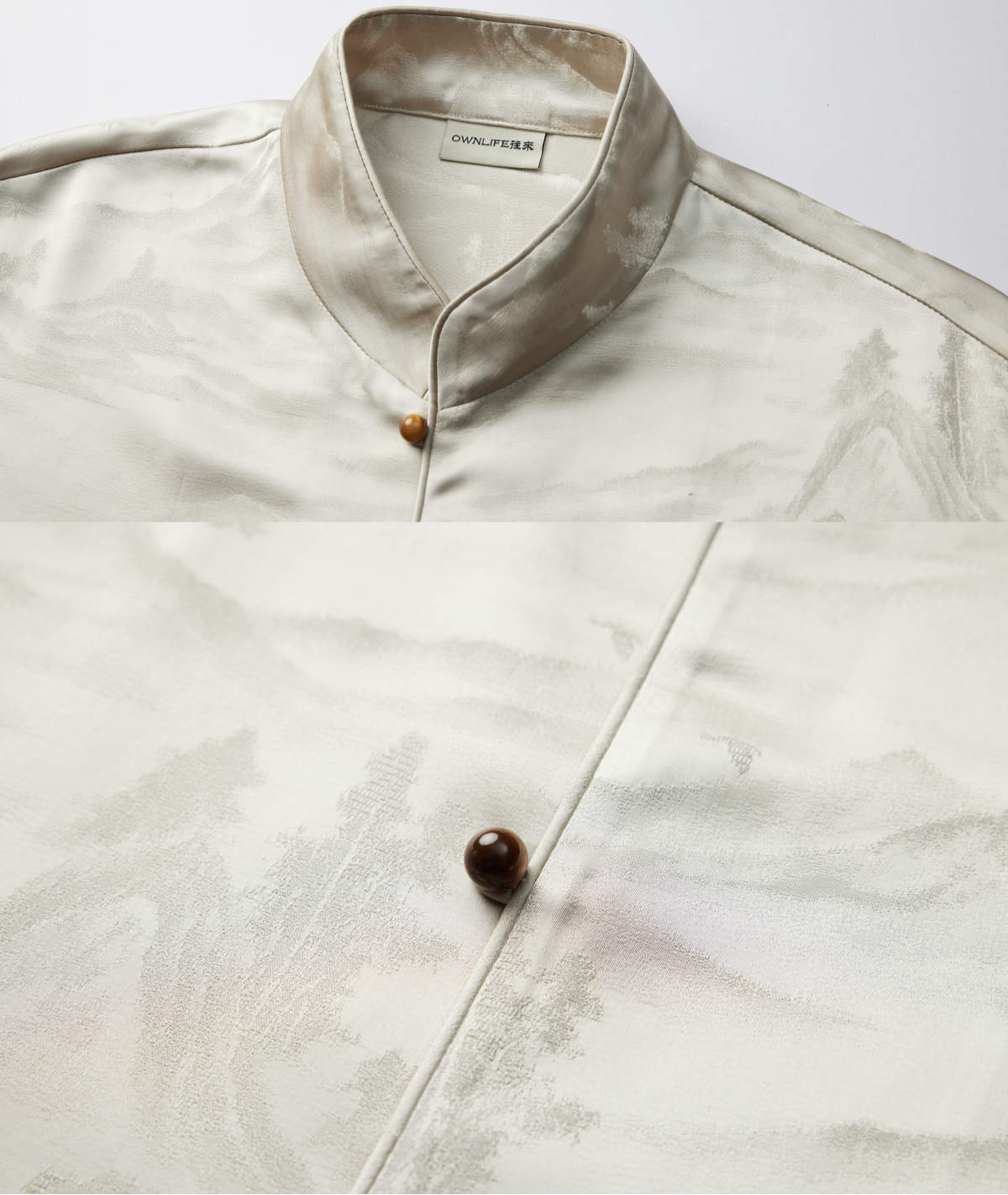 OWNLIFE jacquard stand-up collar placket natural jade buckle shirt - DAVID.