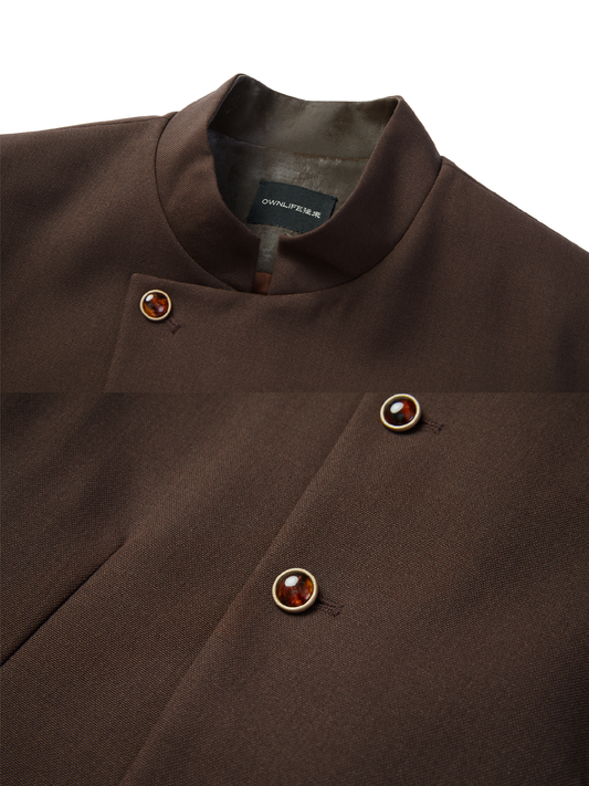 OWNLIFE all-wool stand-up collar slope amber buckle coat - JAMIE.