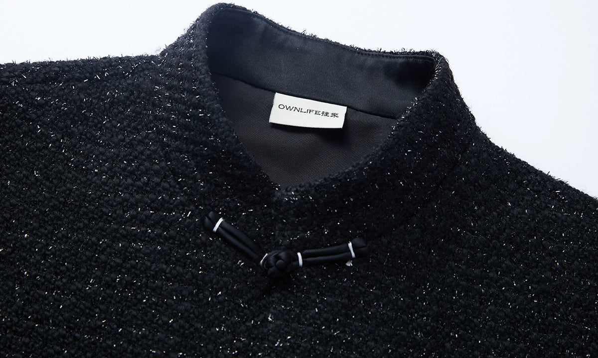 OWNLIFE wool tweed Tang black stand-up collar buckle jacket - DREW.