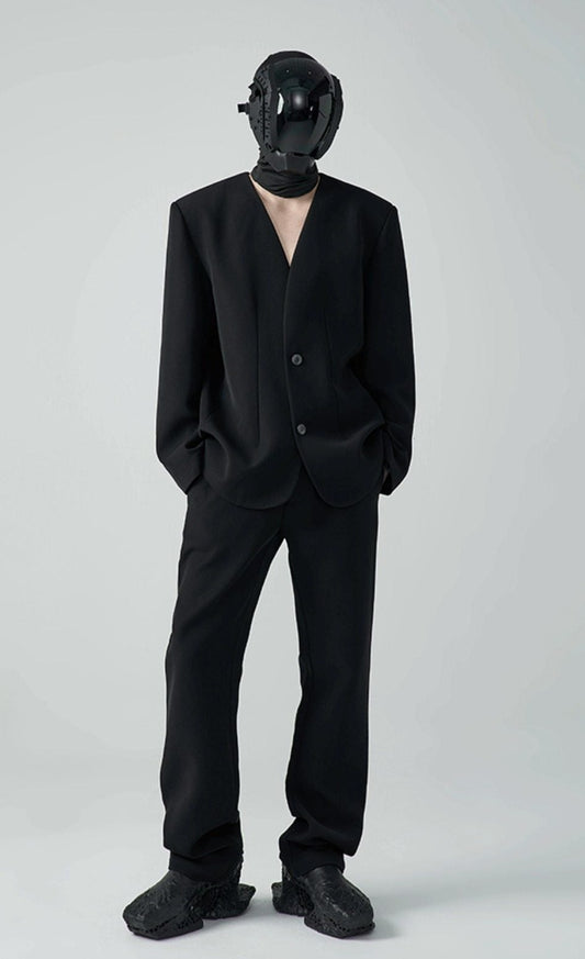 FRKM SC SS Casual Padded Shoulders Collarless Loose Double Button Suit - UNIQUE.