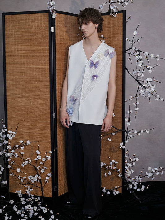 JIECHI white loose sleeveless applique vest- ORLANDO.