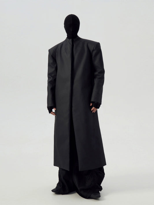 FRKM SCD Matte Coated Black Padded Shoulders Long Trench Coat - YASH.