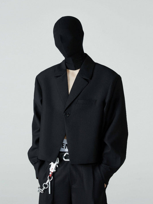 FRKM SCD SS Cropped Blazer Loose Padded Shoulders Black Suit - BRENDA.