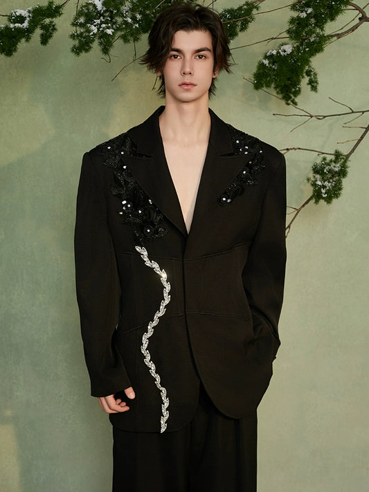 JIECHI beaded embroidered casual loose suit - INDIGO.