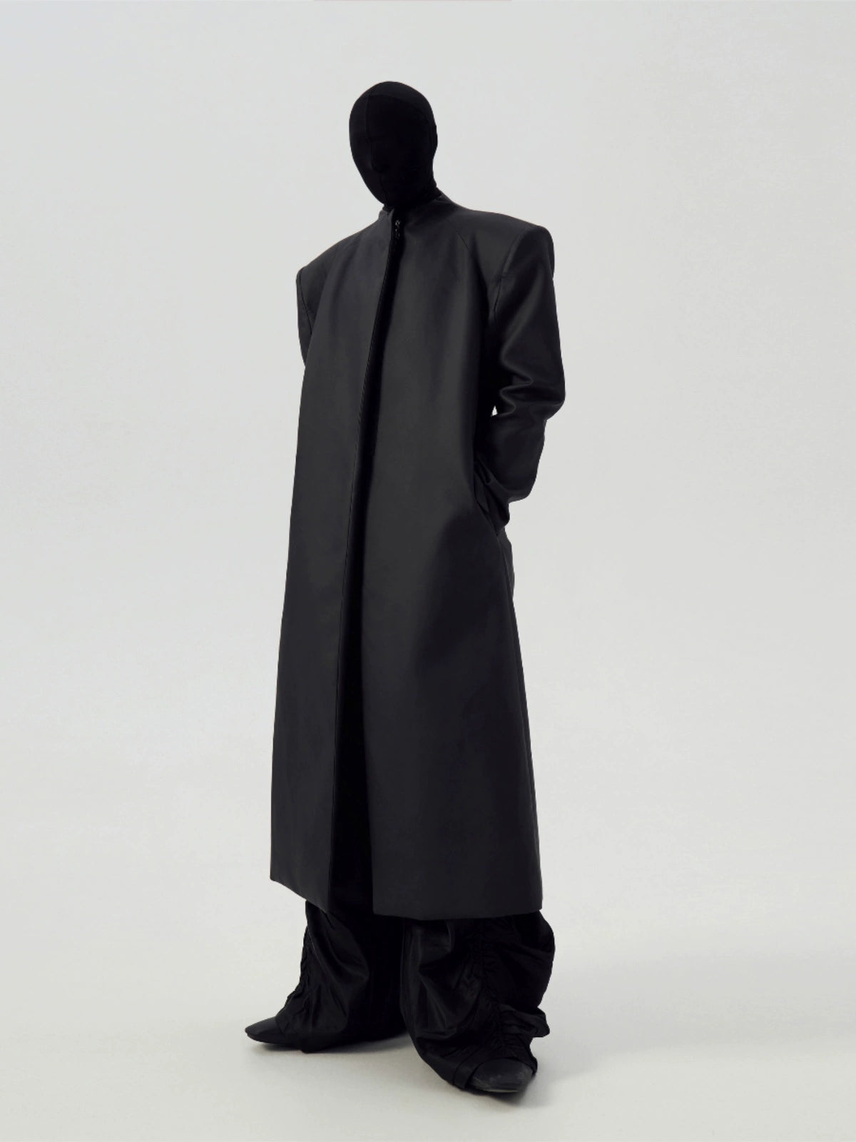 FRKM SCD Matte Coated Black Padded Shoulders Long Trench Coat - YASH.