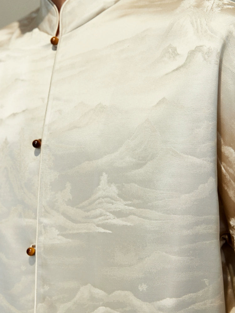 OWNLIFE jacquard stand-up collar placket natural jade buckle shirt - DAVID.