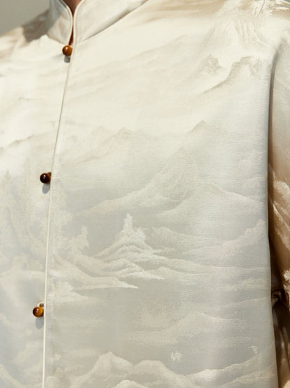 OWNLIFE jacquard stand-up collar placket natural jade buckle shirt - DAVID.