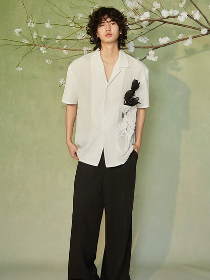 JIECHI  casual cotton linen white loose short-sleeved unisex shirt  - EDEN.