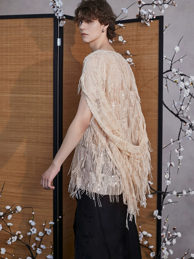 JIECHI  short-sleeved fringe hooded embellished top - PAISLEY.