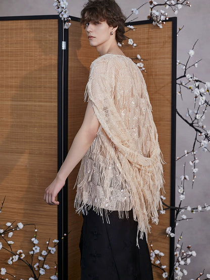 JIECHI  short-sleeved fringe hooded embellished top - PAISLEY.