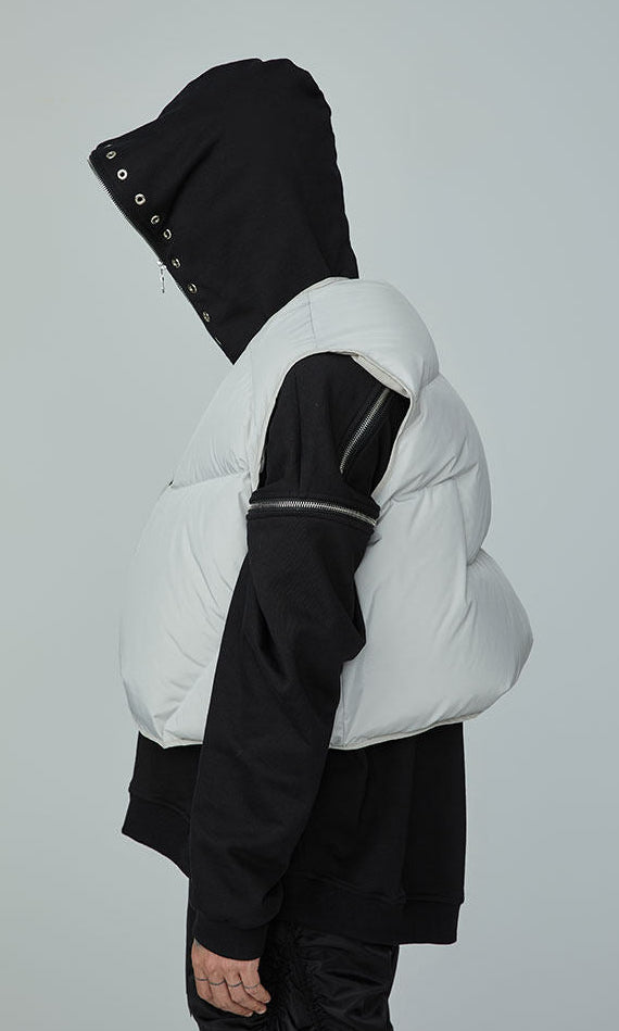 FRKM SCD FW 90 White Duck Down Jacket Sleeveless  Jacket Worn Over Vest- QUASI.