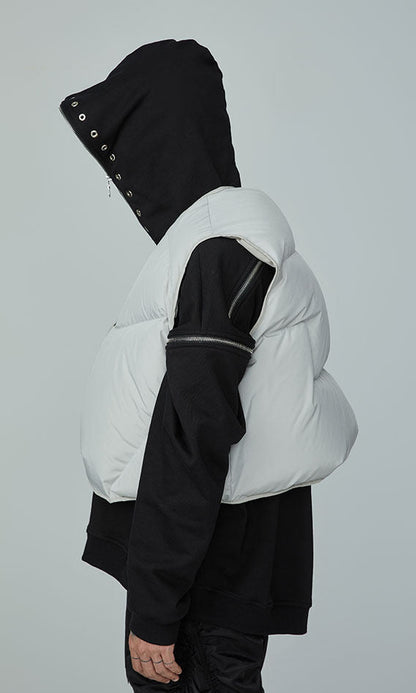 FRKM SCD FW 90 White Duck Down Jacket Sleeveless  Jacket Worn Over Vest- QUASI.