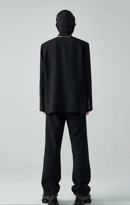 FRKM SC SS Casual Padded Shoulders Collarless Loose Double Button Suit - UNIQUE.
