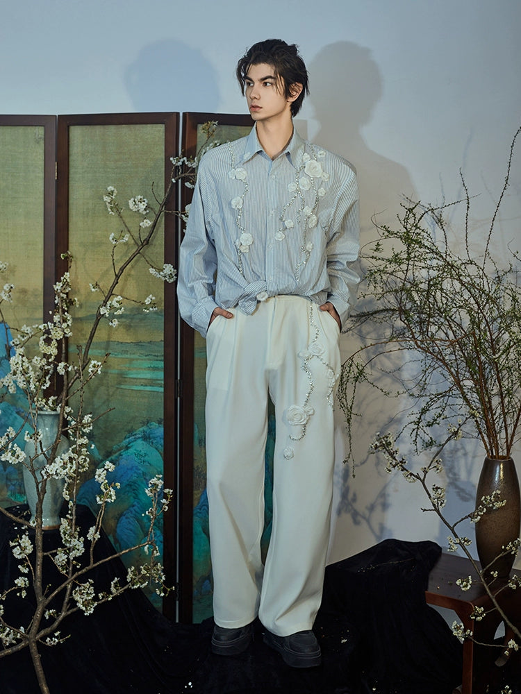 JIECHI  loose straight-leg casual embroidery wide-leg trousers - PEYTON.