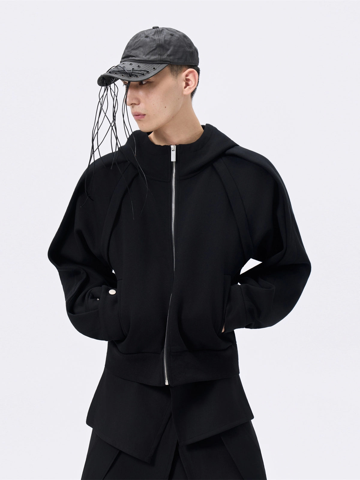 FRKM SCD Deconstructed Zippered Cropped Black Loose Hoodie - KAISEN.