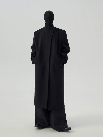 FRKM SCD Stand Collar Black Tweed Padded Shoulder Trench Coat - WARNER.