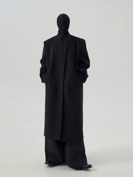 FRKM SCD Stand Collar Black Tweed Padded Shoulder Trench Coat - WARNER.