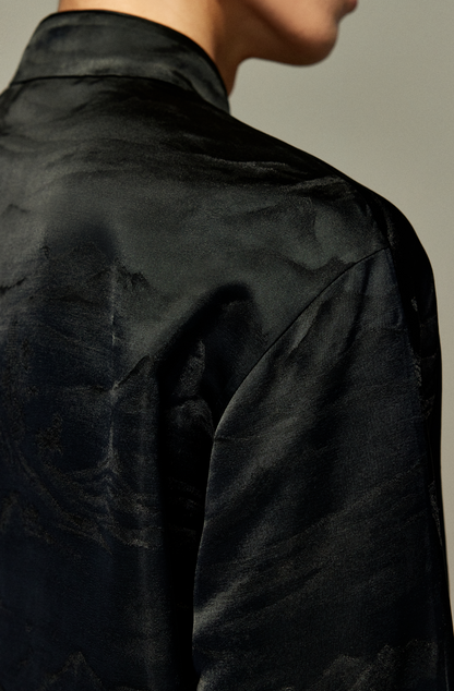 OWNLIFE jacquard stand-up collar placket natural jade buckle shirt - DAVID.