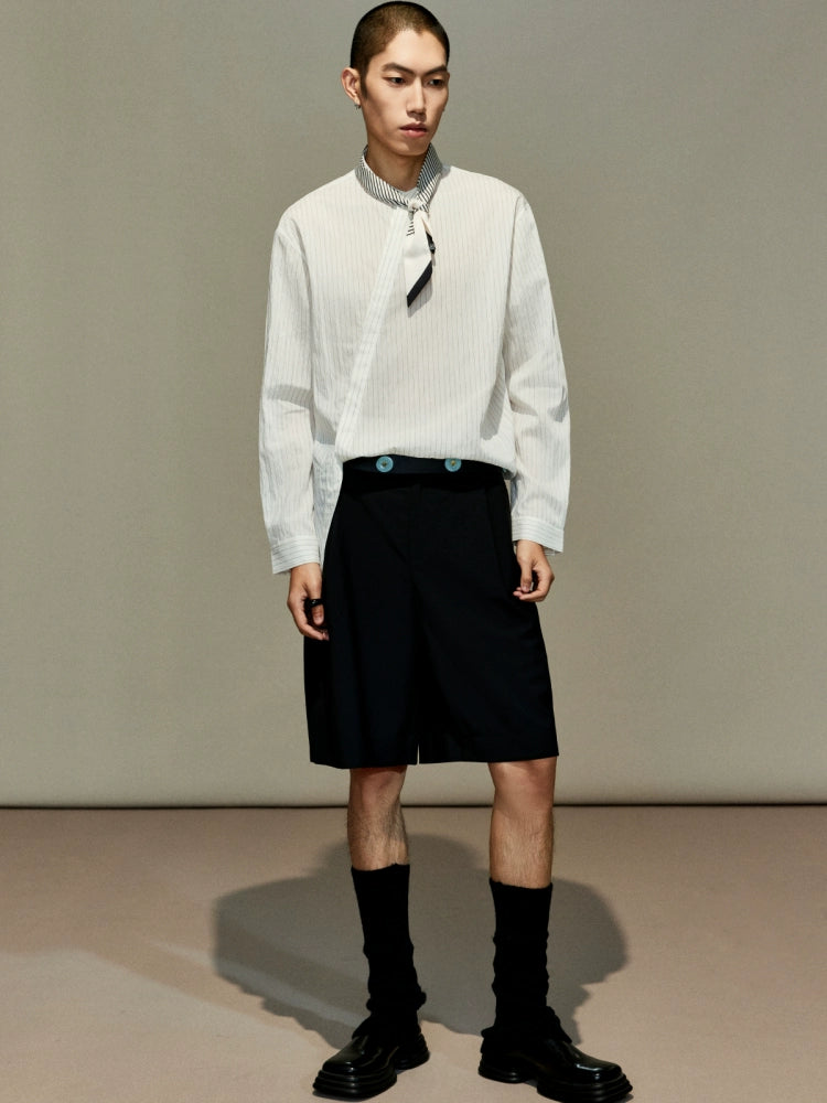 OWNLIFE Tencel striped shirt stand-up collar placket slightly dropped shoulders men's cool summer style - TREY