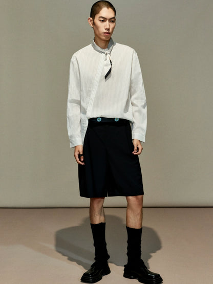 OWNLIFE Tencel striped shirt stand-up collar placket slightly dropped shoulders men's cool summer style - TREY