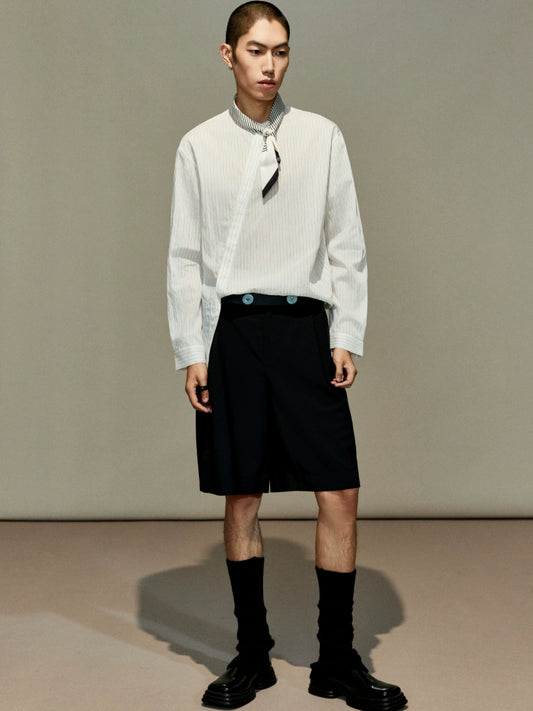 OWNLIFE Tencel striped shirt stand-up collar placket slightly dropped shoulders men's cool summer style - TREY