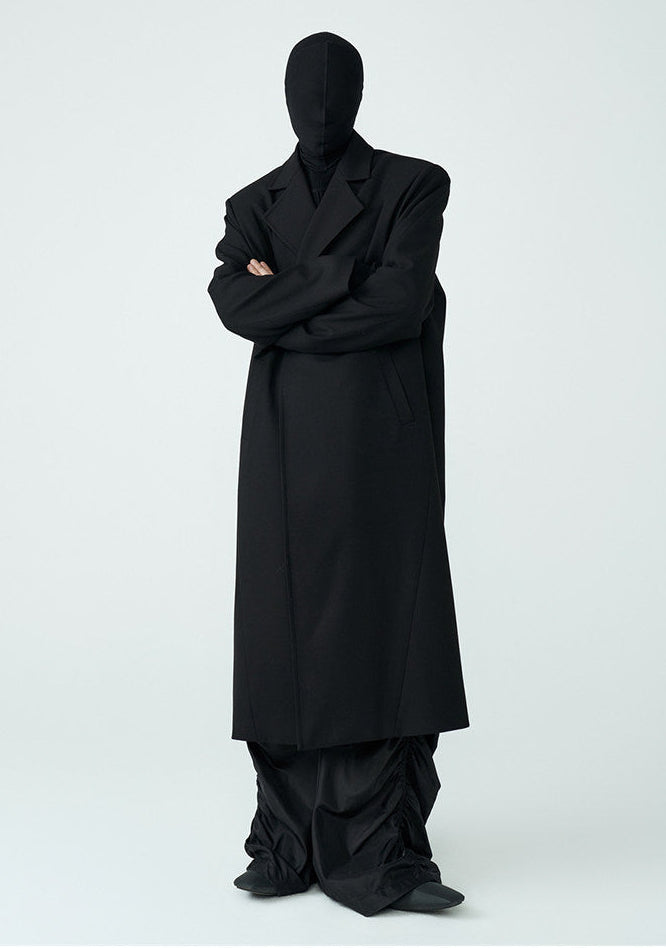 FRKM SCD SS Wool Unbuttoned Loose Shoulder Padded Midi Patchwork Black Coat - LEVI.