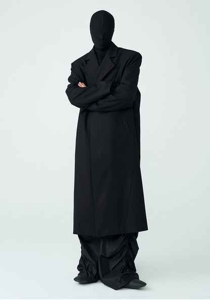 FRKM SCD SS Wool Unbuttoned Loose Shoulder Padded Midi Patchwork Black Coat - LEVI.