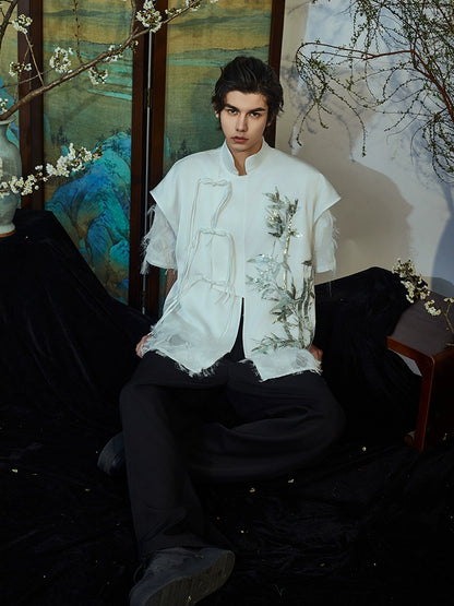 JIECHI  short-sleeved men's orchid embroidery stand-up collar top - JAYLOR.