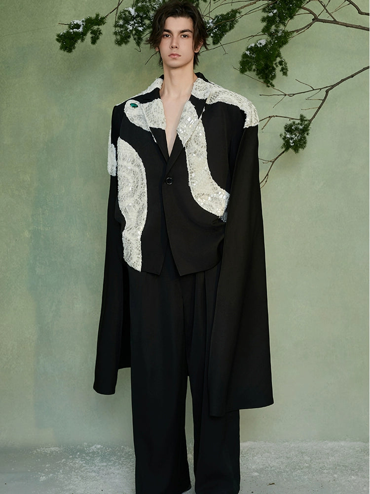 JIECHI  Black Cape Abstract Pattern Blazer - LYON.