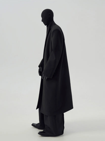FRKM SCD Stand Collar Black Tweed Padded Shoulder Trench Coat - WARNER.
