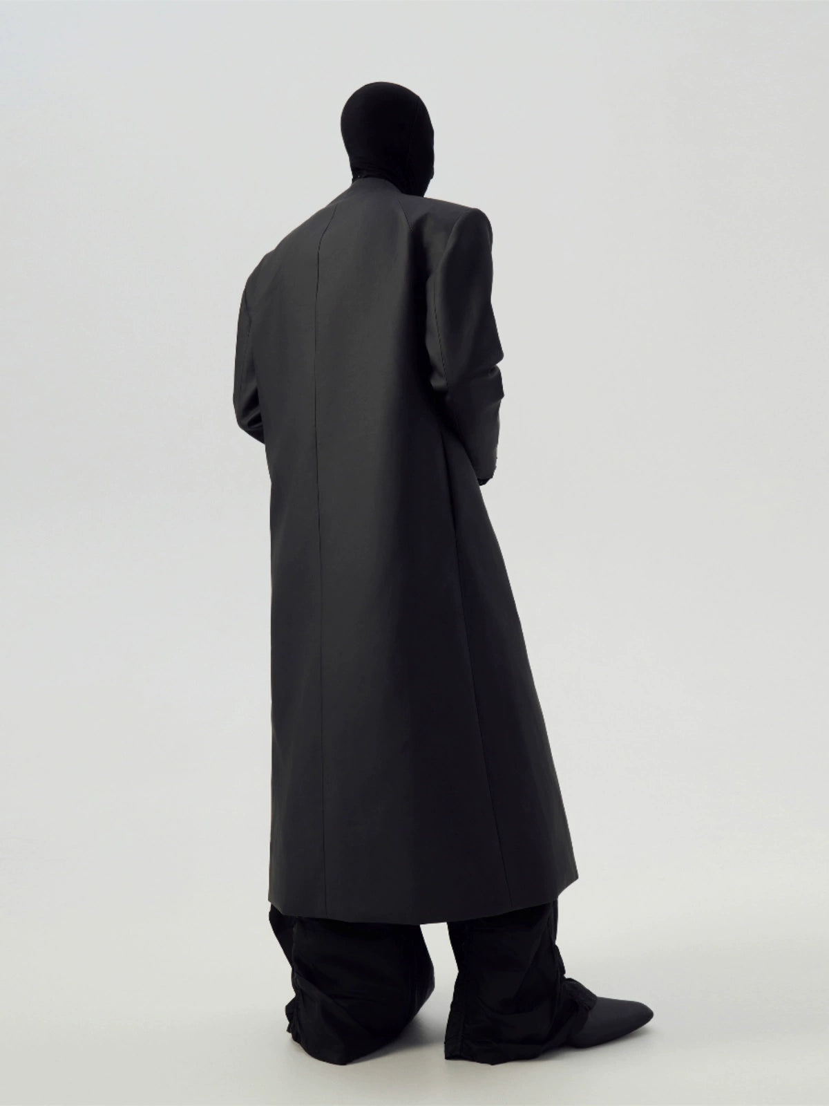 FRKM SCD Matte Coated Black Padded Shoulders Long Trench Coat - YASH.