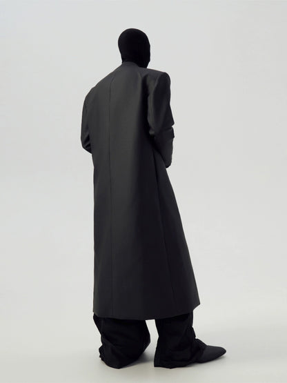 FRKM SCD Matte Coated Black Padded Shoulders Long Trench Coat - YASH.