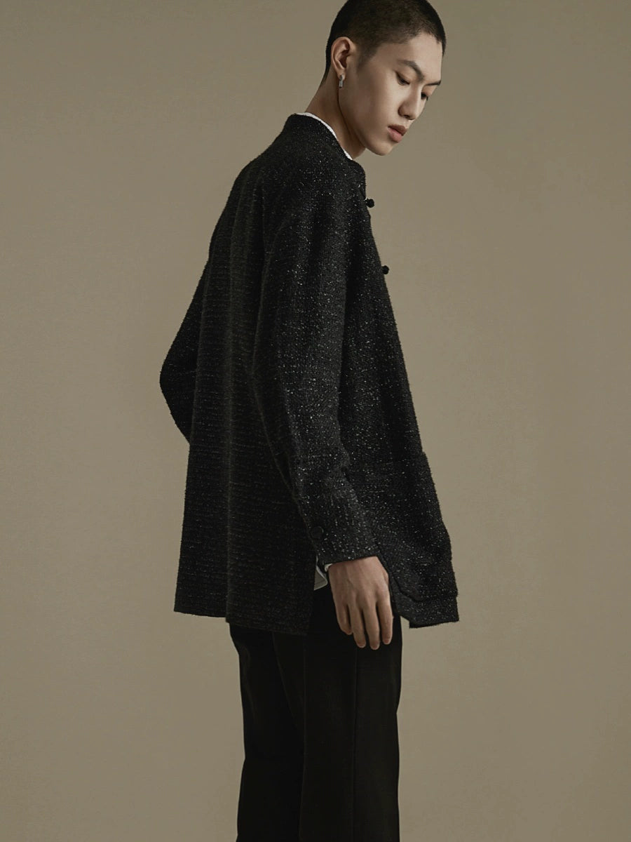 OWNLIFE wool tweed Tang black stand-up collar buckle jacket  - DREW.